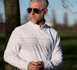 Model wearing a Lightweight Golf Quarter Zip Pullover, standing outdoors in a park with sunglasses, showcasing the stylish look.
