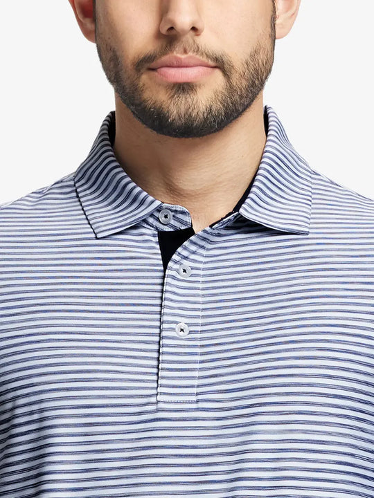 Close-up from nose to chest of DARK BLUE WHITE Unique Watercolour Stripe Polo’s bold watercolor stripes