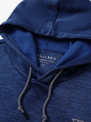 Detail of hood and drawstring on the COBALT HEATHER pullover, showcasing subtle heather tones