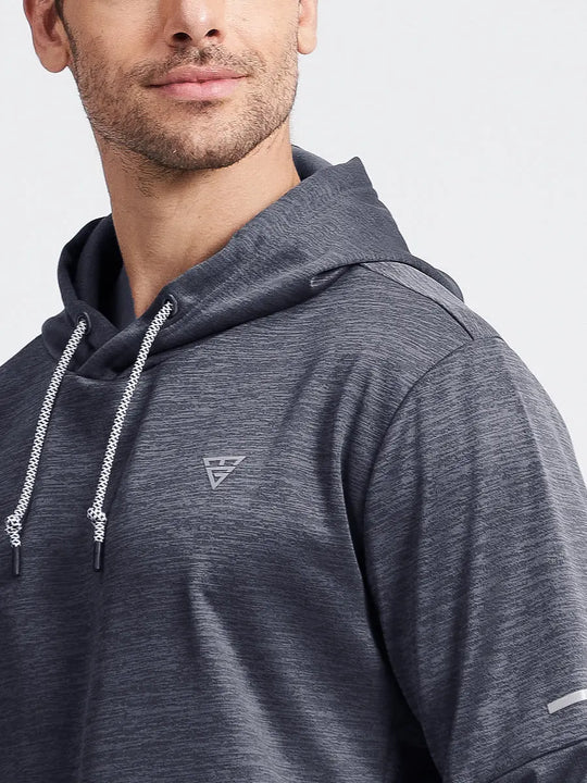 Close-up front view from nose to chest showing Soft Heather Hoodies Pullover in Navy Heather