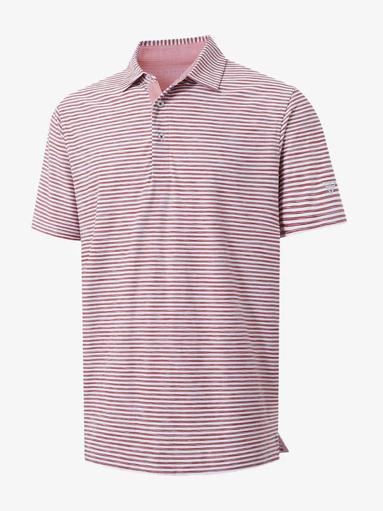 3D view of BRICK WHITE polo showing the contrast between rich brick and crisp white strokes