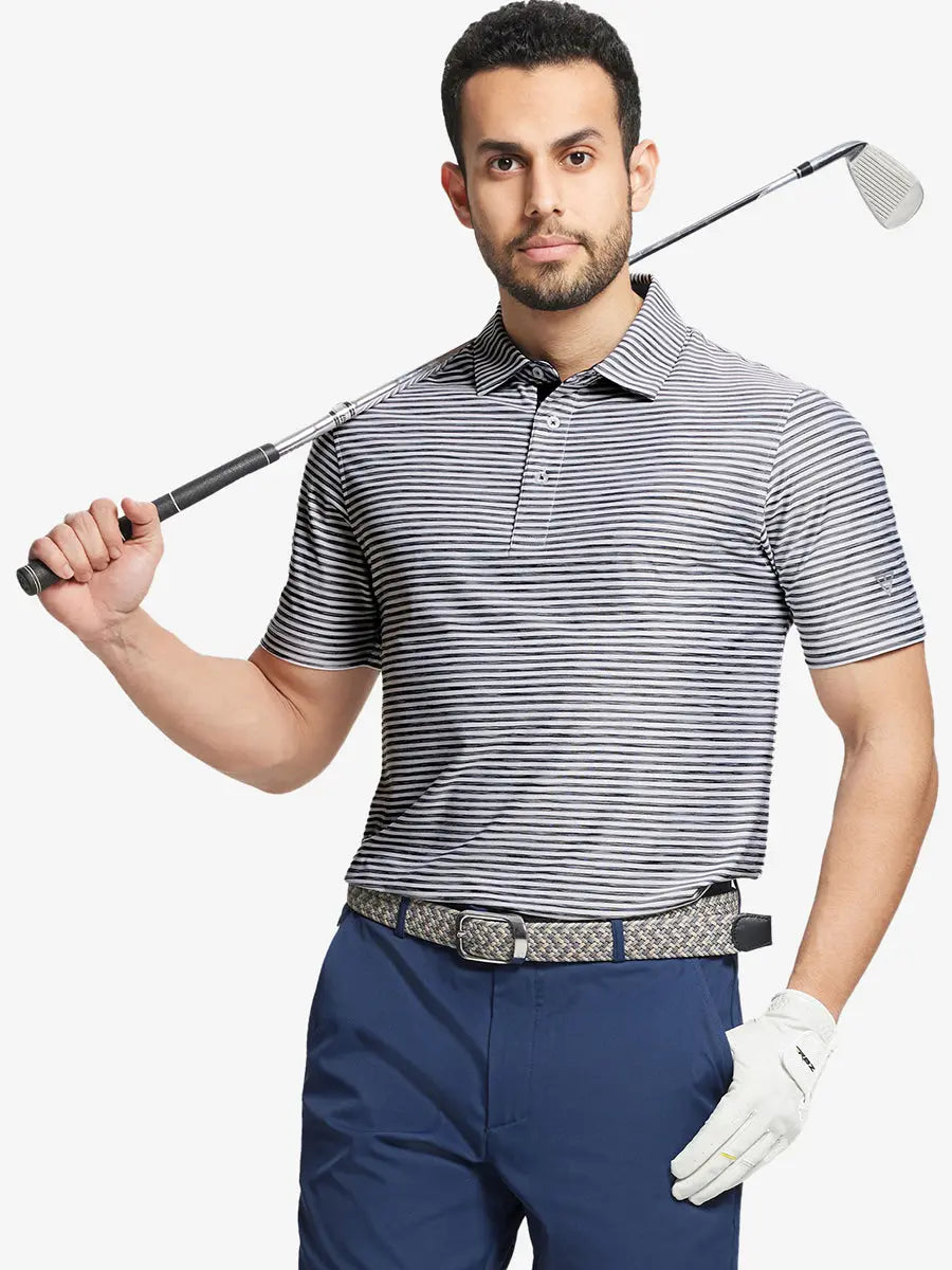 Front half-body with golf club wearing BLACK WHITE Unique Watercolour Stripe Polo