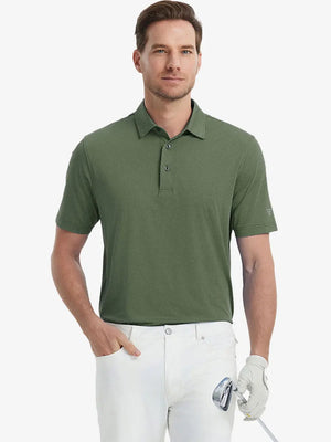 Model in DARK GREEN Jacquard Polo posing with golf club — active and athletic on the front view