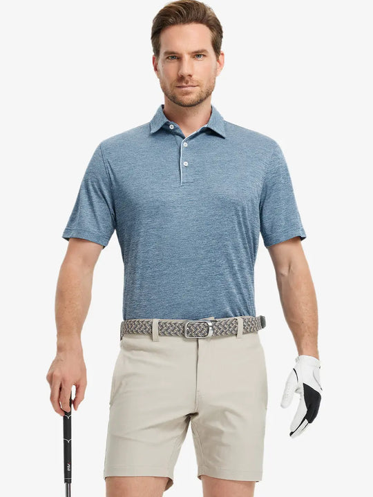 Model in Modern Fit Melange Polo GRAYISH BLUE HEATHER, front half-body holding golf club, relaxed style.
