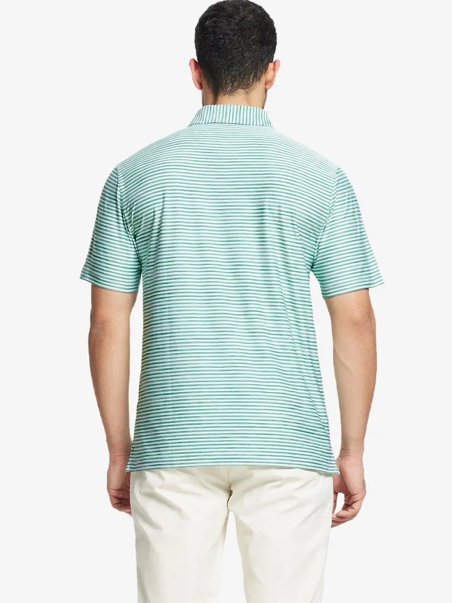 Back half-body view showing graceful stripes on GREEN WHITE Unique Watercolour Stripe Polo