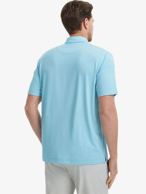 Back view from waist up showing the fit of LIGHT BLUE 4 Way Stretch Jacquard Polo on model