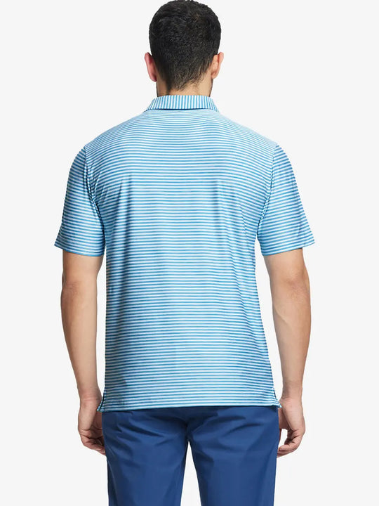 Rear half-body shot of BLUEBIRD WHITE polo with smooth gradient and stripe detail