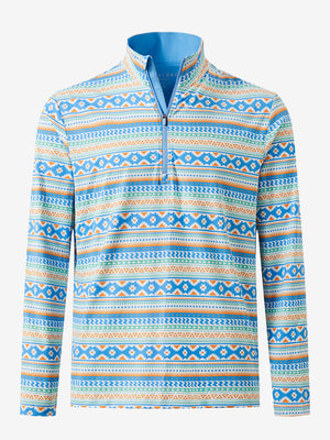 Front 3D view of Full print lightweight quarter zip pullover in blue ethnic with vivid pattern