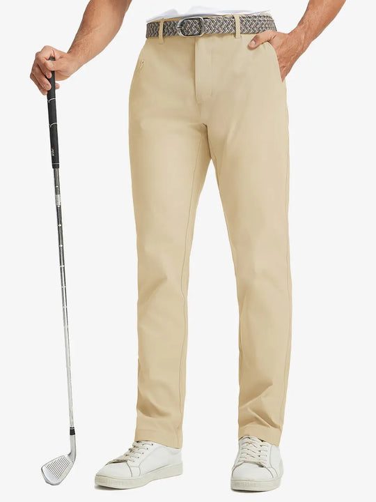 Front lower leg view of Water Repellent 8 Pockets Pants in LIGHT KHAKI，showing fabric texture and fit.，model holds golf club with right hand.