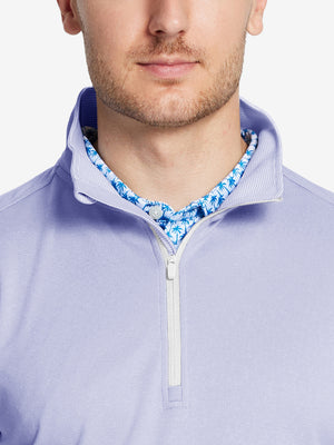 Front view from nose to chest of model wearing light purple melange moisture wicking quarter zip pullover