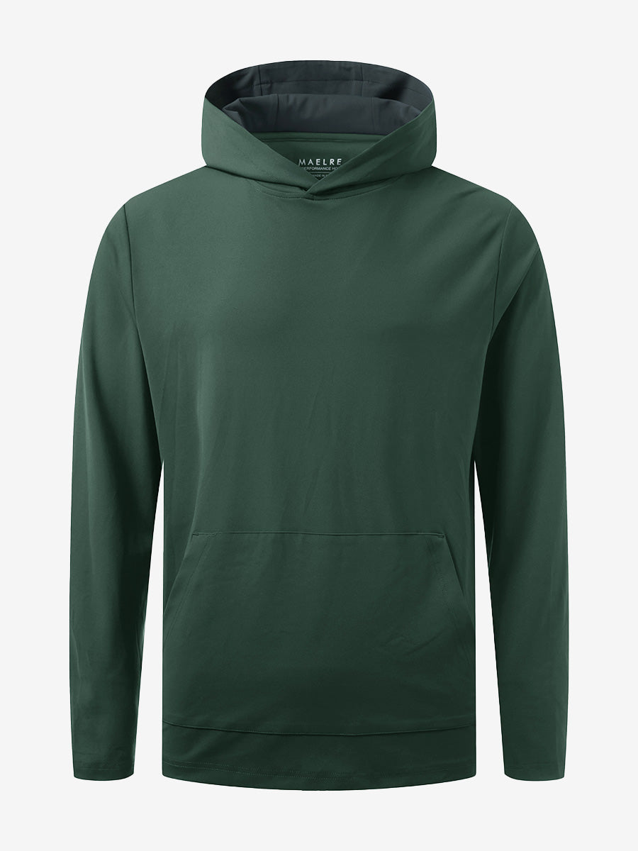3D front view of youth long sleeve hoodied with kangaroo pocket in forest green, showing clean design.