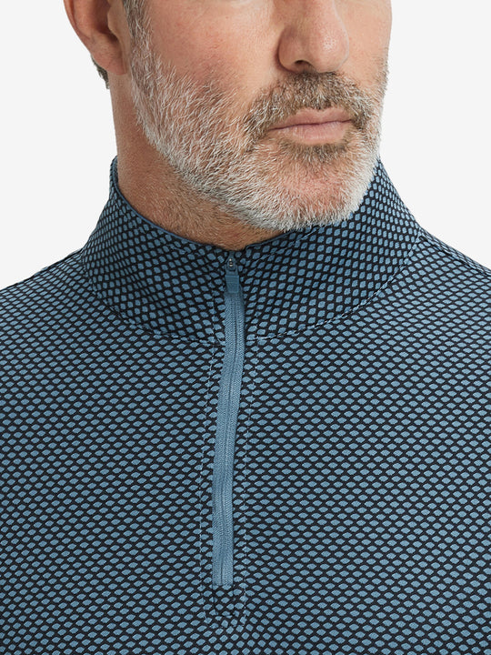 Close-up of collar area on jacquard quarter zip pullover in black/blue, highlighting refined jacquard detail.