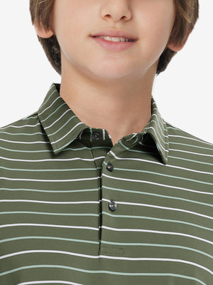 Front upper collar view of kids stylish stripe polo shirts, neat placket in olive green stripe tone