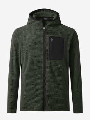 3D front view of full zip fleece hoodied jacket in forest green, showing soft texture and sleek cut.