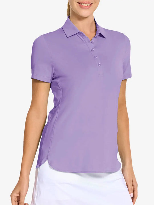 Front view from nose to hem of model wearing LILAC Women's Performance Solid Polo with skirt