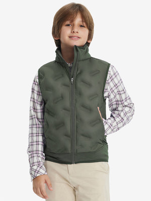 Model wearing boys full-zip fleece-lined puffer vest, hand in side pocket, relaxed fit in army green