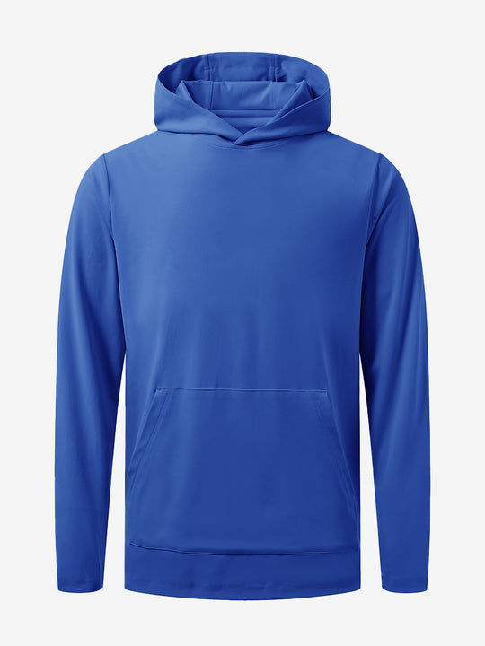 3D front view of youth long sleeve hoodied with kangaroo pocket in klein blue, showing clean design.