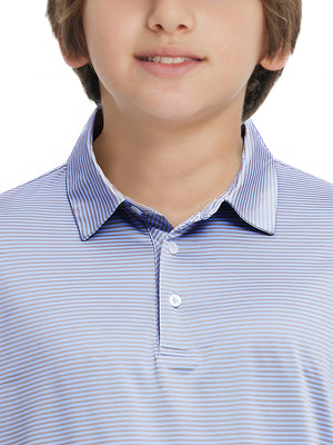 Front view of youth wearing bluishyellow stripe performance cooling polo, showing collar and chest fit