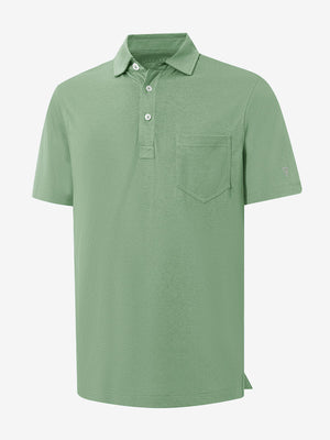 3D render of the spa green heather comfy cotton blend polo shirt with pocket, displaying the garment structure and design clearly