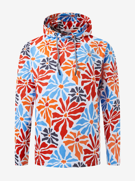 Front 3D view of youth full print hoodies pullover showing detailed fabric and fit, colorful flower.