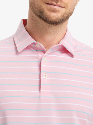 Front close-up from nose to chest of model in LIGHT PINK STRIPE Stylish Performance Golf Polo