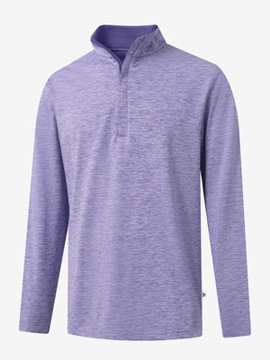 Heather Pinstripe Brushed Dry Fit Quarter Zip Pullover in lavender heather, 3D front chest view with quarter zip design