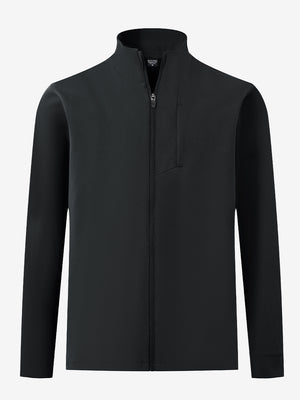 Water-resistant zip up golf jacket in black, clean 3D front view highlighting sleek design.