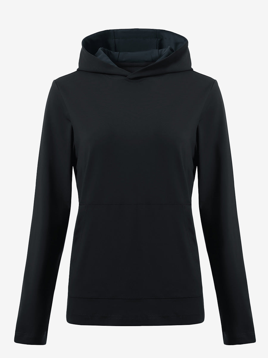 3D front view of women's lightweight hoodies pullover in black, showing clean and sporty look.