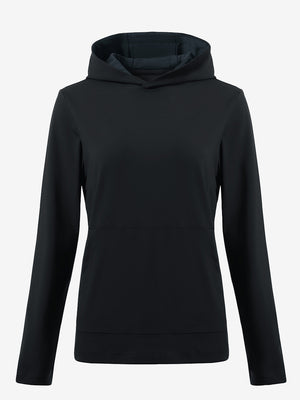 3D front view of women's lightweight hoodies pullover in black, showing clean and sporty look.