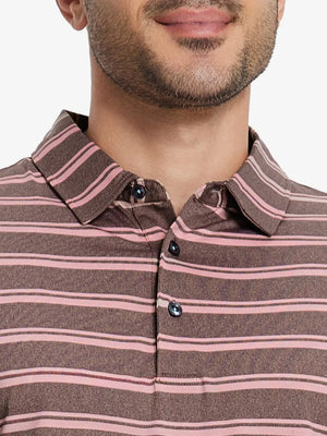 Front half-body view from nose to chest of model wearing WINE RED STRIPE Performance Yarn Dye Striped Polo