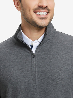 Upper section detail of Premium jacquard quarter zip pullover highlighting dark grey pattern