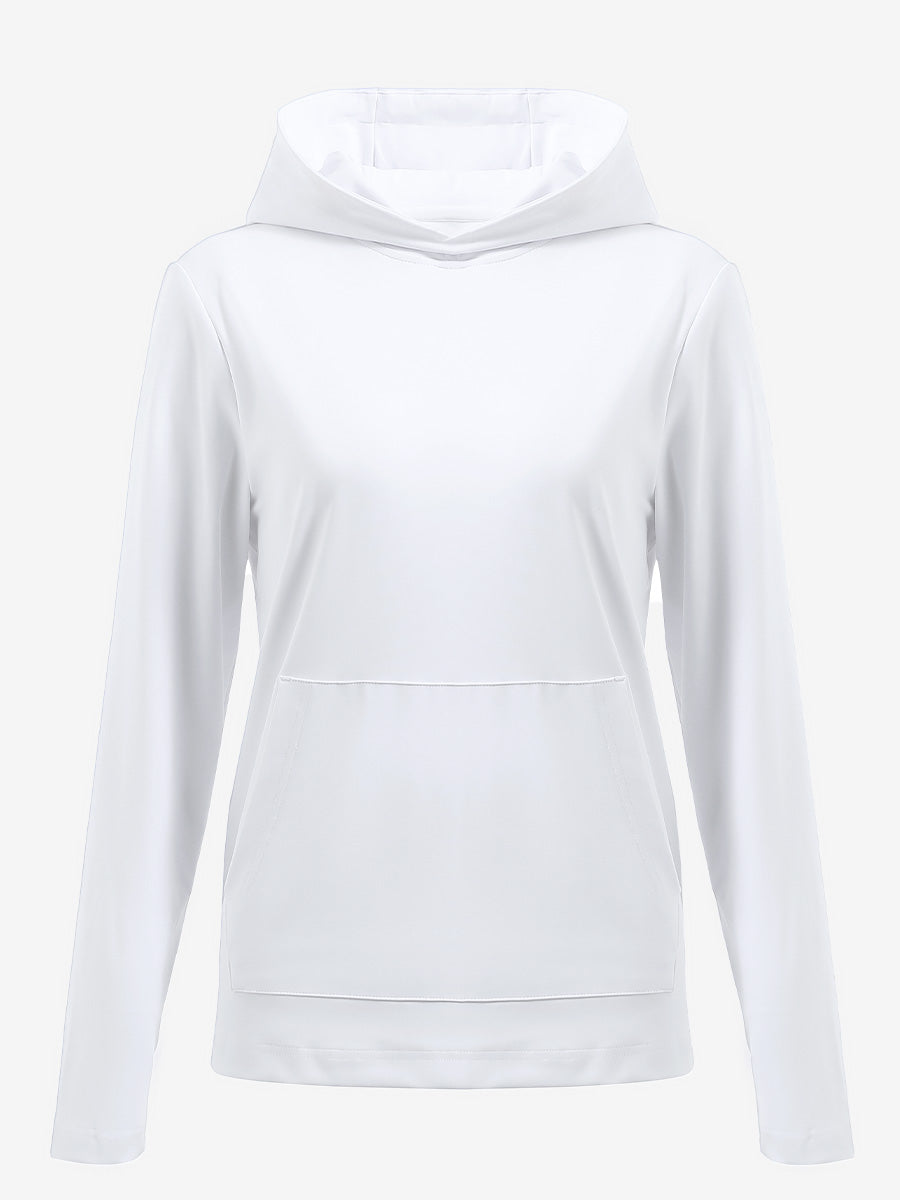 3D front view of women's lightweight hoodies pullover in white, showing clean and sporty look.