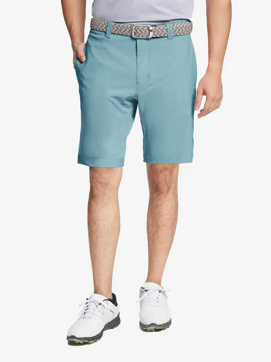 BLUE LIGHT 9 Inch Heather Performance Golf Shorts with front view, model's lower body and side pockets visible