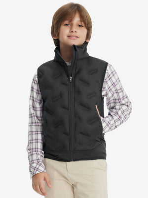 Model wearing boys full-zip fleece-lined puffer vest, hand in side pocket, relaxed fit in black