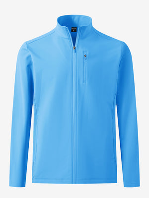 Lightweight casual fleece jacket with 5 pockets in sky blue, front 3d view showing clean lines
