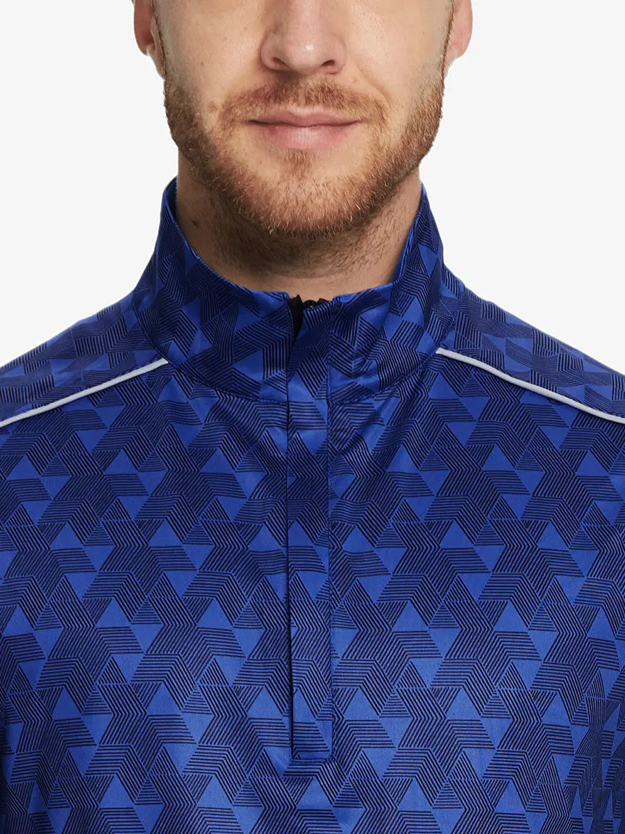Front half-body view from nose down of model wearing MARINA BLUE GEO Stretch Solid Fleece Quarter-Zip Vest.								
