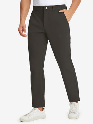 Front lower body shot of model wearing water-resistant stretch heat-tech winter trousers in coffee