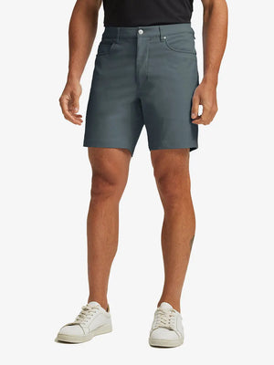 DARK GREY 4-way Stretch Performance Solid Shorts, golfer front lower body with club, 7 Inch view