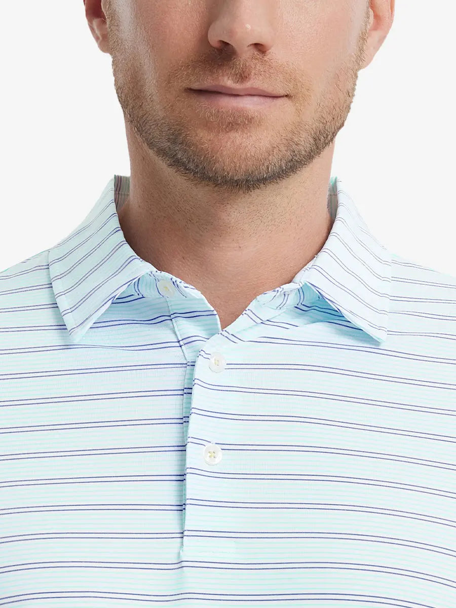 Mint Green Cobalt Stripe Performance Stripe Golf Shirt – close-up front from model’s nose to chest