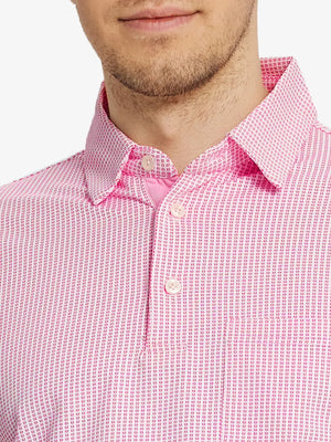 Model front view from nose to chest in ROSE Elegant Performance Jacquard Polo