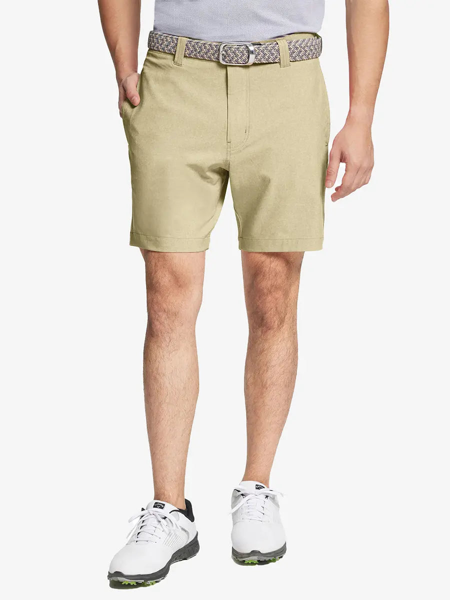 KHAKI 7 Inch Heather Performance Golf Shorts with front view, model's lower body and side pockets visible