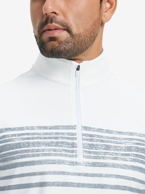 Close-up from nose to chest, showing collar and zipper detail of the white navy stripe golf pullover.
