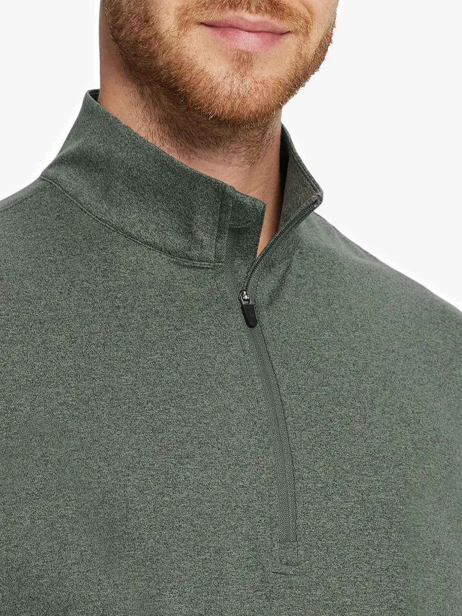 Front close-up from nose to chest, OLIVE GREEN HEATHER Quarter Zip Melange Pullover with soft textured fabric.