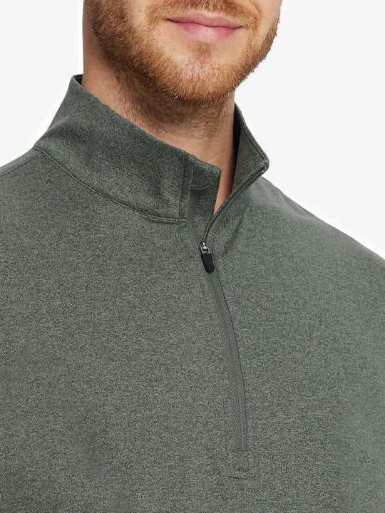 Front close-up from nose to chest, OLIVE GREEN HEATHER Quarter Zip Melange Pullover with soft textured fabric.