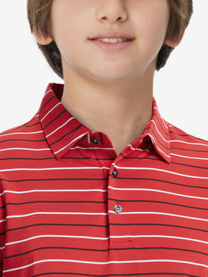 Front upper collar view of kids stylish stripe polo shirts, neat placket in red stripe tone