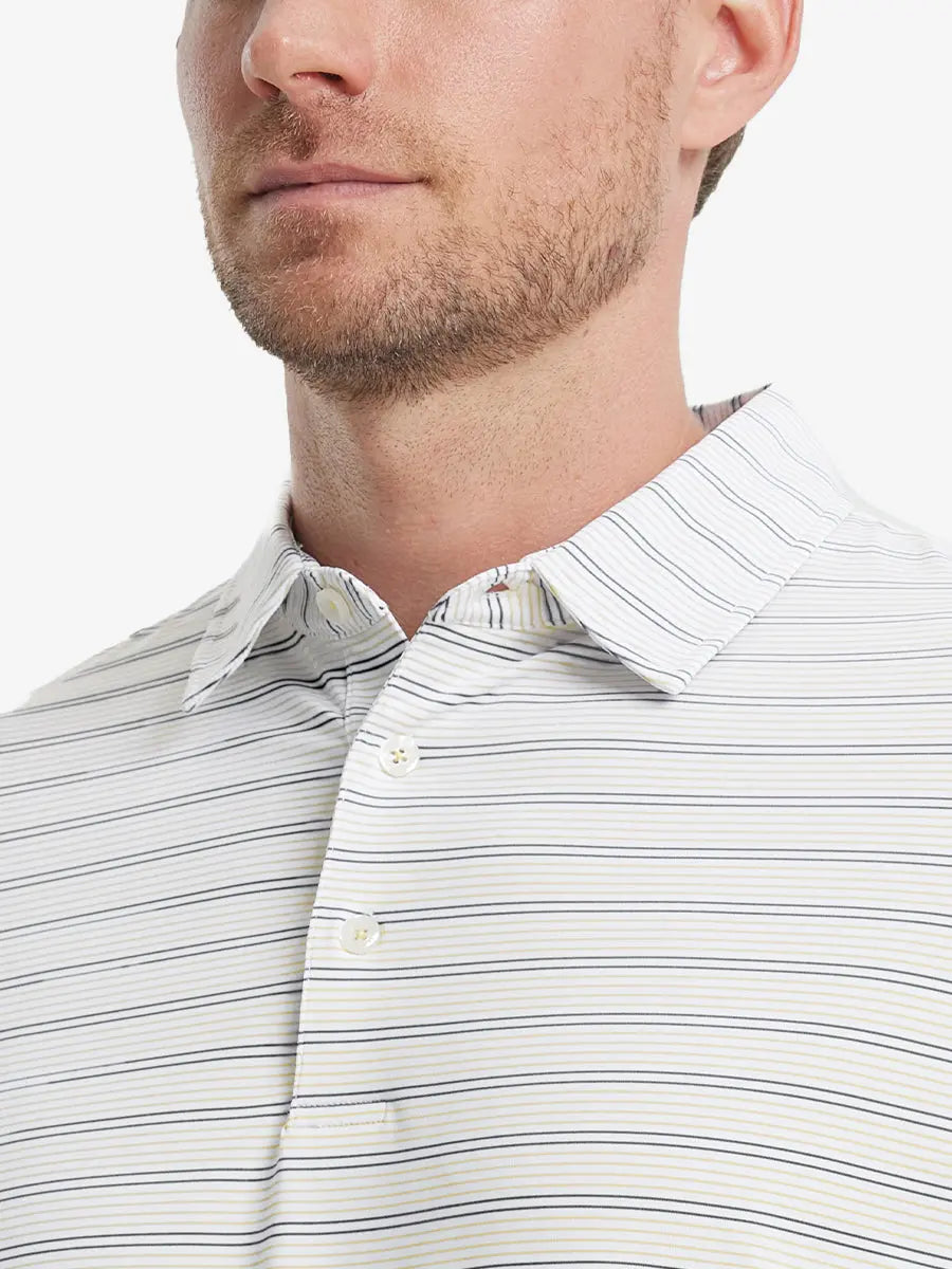 Khaki Neutral Grey Stripe Performance Stripe Golf Shirt – close-up front from model’s nose to chest