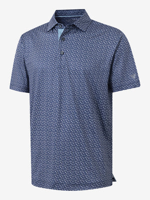 Front 3D view of Performance quick dry print golf polos in navy white floral, clean athletic design