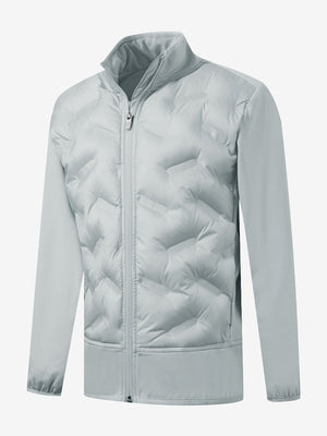 Clean 3D front view of boys windproof puffer jacket with pockets, showcasing shape in light grey.
