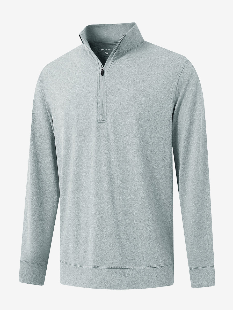 Front 3D image of quarter zip melange pullover in lunar rock melange, showing texture and details.