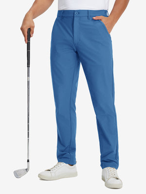 Lightweight flat front casual trousers in colony blue, front lower-body view with a clean tailored fit.